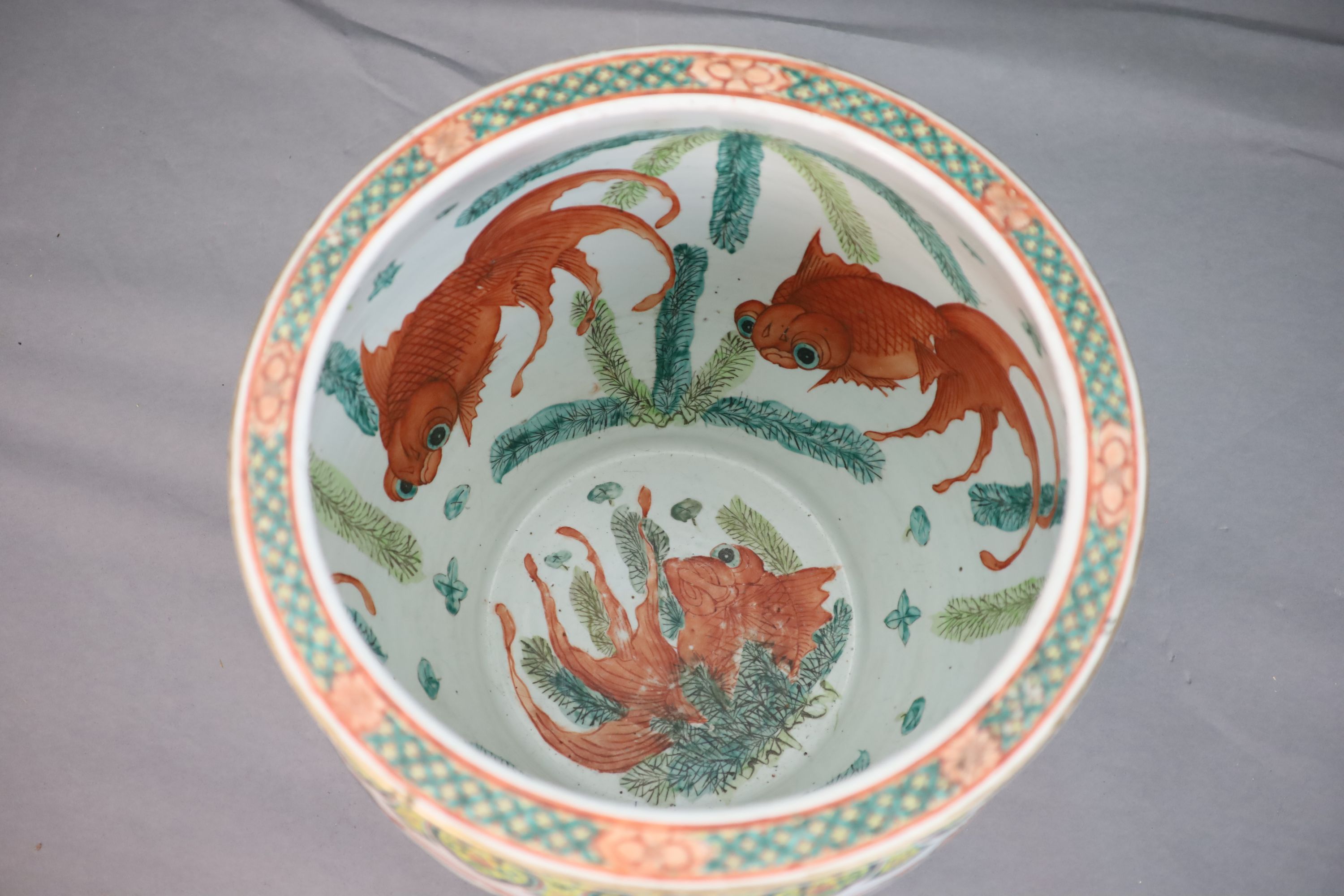A large Chinese famille verte goldfish bowl, late 19th century, 53cm diameter, 46cm high, Provenance - A. T. Arber-Cooke